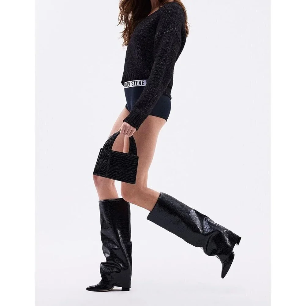 Women Crocodile-black Leather Fold Over Knee High Chunky High Heels Long Boot